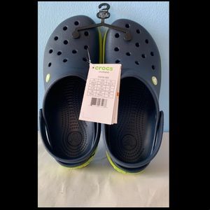 CROCS Navy and Neon Green Mules
